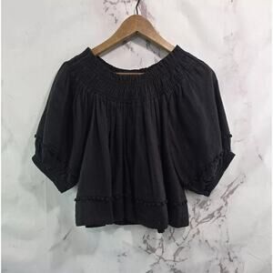 A Piece Apart Shirt Womens XS Black Puff Sleeve Smocked Knit Crop Pom Bobble